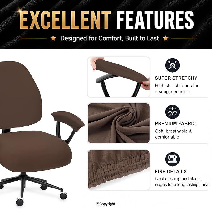 Super Stretchable Split Office Chair Seat Covers & Armrest Covers - Universal Spandex Computer Chair Slipcover - 180GSM Rotating Backrest Coverings Cushion Protectors for Dogs, Cats, Pets (Mocha)
