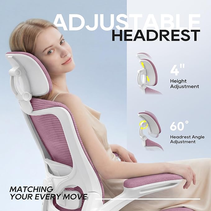 Ergonomic Office Chair, High Back Mesh Desk Chair with Adjustable Lumbar Support & Headrest, Flip-up Armrest, Computer Task Chairs for Home and Executive Office (W-Purple)