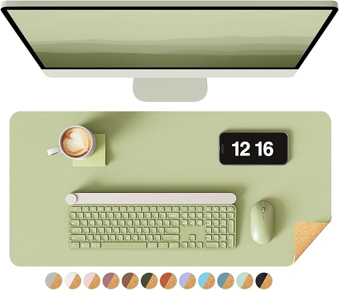 YSAGi Double-Sided Desk Pad, 23.6"x13.7" Leather Desk Mat, Eco Cork Desk Pad Protector, Large Mouse Pad for Desk, Waterproof Desk Blotter Pad, Desk Writing Pad for Office Work/Home(Matcha Green/Cork)