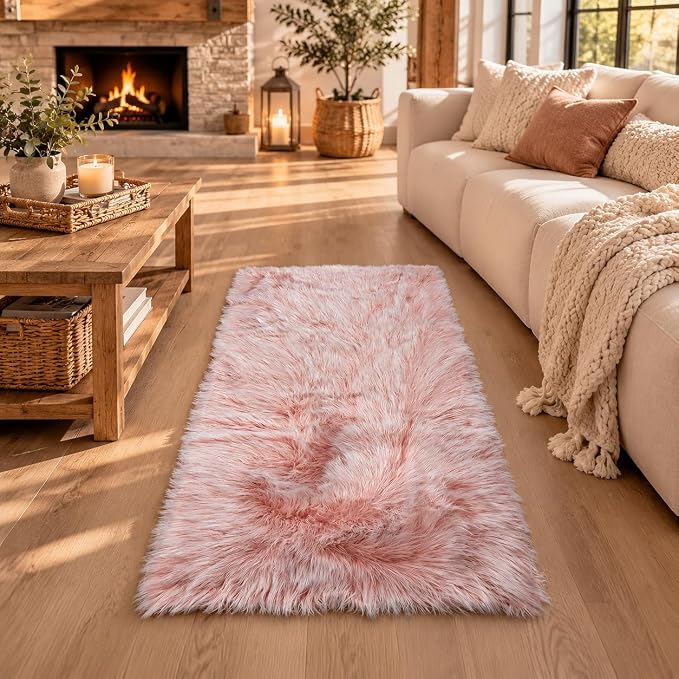 EasyJoy Faux Sheepskin Rug, Fluffy Faux Fur Rug, Ultra Soft Shag Area Rug with Non-Slip Backing for Bedroom, Living Room, Nursery, Kids Room(2 x 4 ft Rectangle, Frosted Bottom Pink)