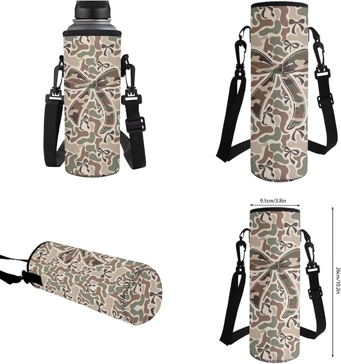 WELLFLYHOM 17 Inch Camo Bow School Backpack Set for Girls 5-8, 4 in 1 Set | Khaki Book Bag with Lunch Box Pencil Pen Case Water Bottle Sleeve for Primary School Students
