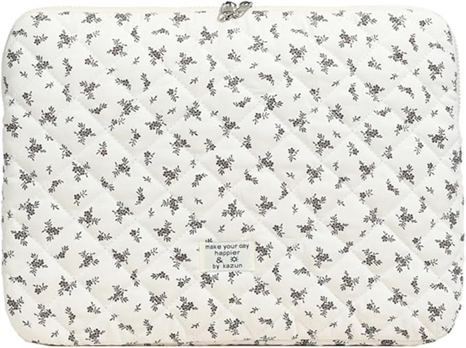 Cute Laptop Sleeve 13-15 inch Laptop Case Aesthetic Quilted Laptop Sleeve Computer Bag with Flower Printing for MacBook (Black, 15inch)