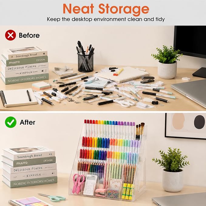 Acrylic Pen Pencil Holder for Desk With 25 Compartment Desk Organizers and Accessories,Durable Material Can Hold Pen Brush Cosmetic Scissor Clip Tape staplers Fit Home Office School(5 Tier)