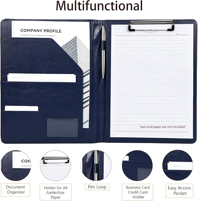 Padfolio Portfolio Binder, Faux Leather Folder, Resume Interview Legal Document Organizer, Letter Sized Writing Pad w/Business Card Holder, A4 Professional Folio for Office Conference (Blue)