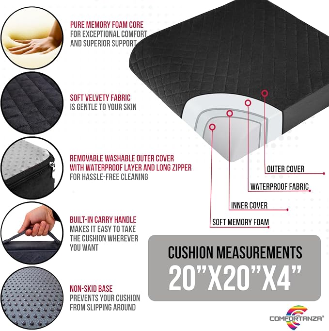 Medium-Soft 20x20x4 Memory Foam Recliner Chair Seat Cushion for Long Sitting - Armchair Pad with Washable Velvety Cover with Waterproof Layer & Non-Slip Base for Seniors & Elderly - Black