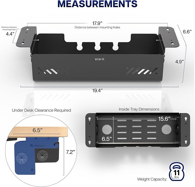 VIVO 19 inch Screw-On Under Desk Cable Management Box with Flip-Open Lid, Easy-to-Open Steel Cord and Power Strip Organizer, Cable Organizer Tray, 11lbs Capacity, Black, DESK-ACMB20-S