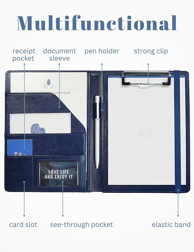 Small Padfolio Clipboard A5 Folder for Writing Pad Refillable 5 x 8 Note pad, Mymazn Faux Leather Clipboard Folder Junior Size Portfolio 5x8 Folio Clip Board (Blue)