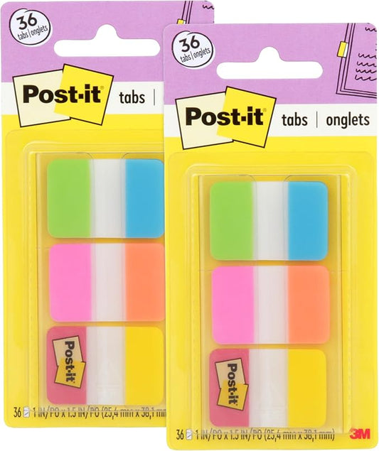 Post-it Tabs, 1 in, 36/Dispenser, Pack of 2 | 6 Colors | Solid Style