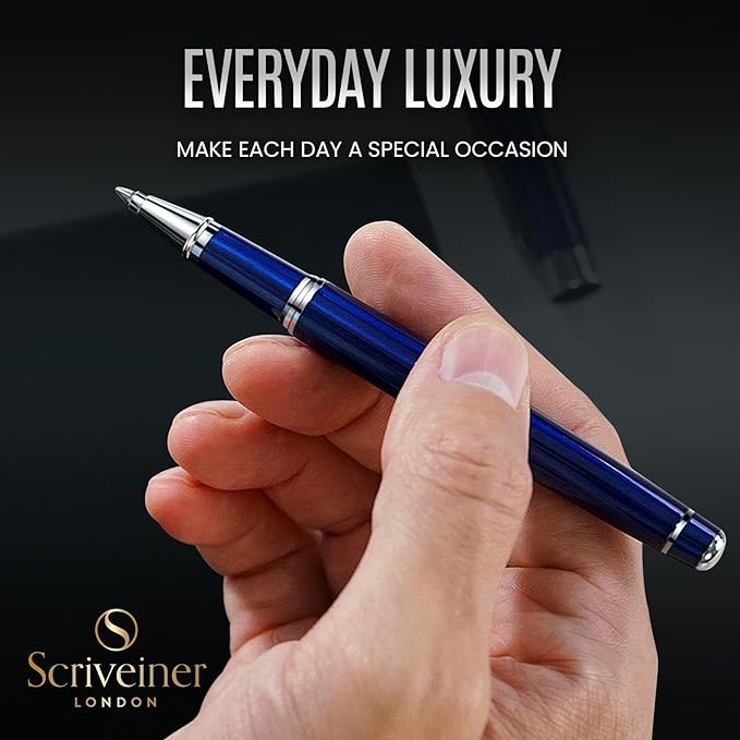 Scriveiner Midnight Blue Rollerball Pen - Stunning Blue Lacquer Luxury Pen, Chrome Finish bundle with Rollerball Refill Black Fine - 4 Rollerball Refills in one box