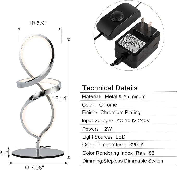 Mayful Modern Table Lamp with LED Unique Spiral Design, Small Nightstand Lamp with Stepless Dimming Switch, Chrome Bedside Lamps for Bedroom, Nightstand, Living Room, Office, 12W 3200K Warm White