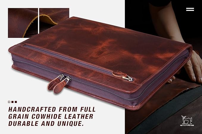 Genuine Leather Professioal Business Portfolio Padfolio Folder with Zipper for Men and Women,Work Portfolio for Letter Size Notepad, for Meeting and Travel, Oil Wax