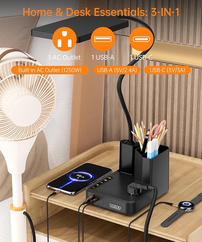 LED Desk Lamp with Charger, USB-C/USB-A & AC Outlet, Dimmable Desk Light & Table Lamp with Pen Holder, 3 Color Modes, Small Desk Lamp for Home Office, Bedroom, College Dorm Essentials,Reading,Crafts