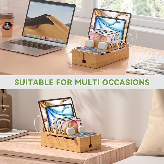 Pezin & Hulin Cell Phone Charging Station for Multi Devices-Natural Bamboo | All in One Desktop Charger Organizer, with Power USB Charge Adapter and 6 Cables, Use As Power Strip Hidden Box
