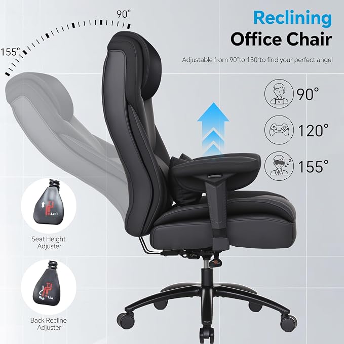 Big and Tall Office Desk Chair with 5-Position Armrests, 650 LBS Heavy Duty Executive Office Chair Comfy, Extra Wide Seat, High Back Computer Chair with Lumbar Support, Reclining Tilt Lock (Black)
