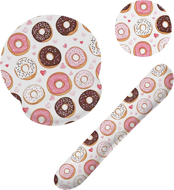 Cute Pink Donut Ergonomic Wrist Support Keyboard Mouse Wrist Rest Set, Computer Office Comfortable Wrist Rest for Mouse Easy Typing