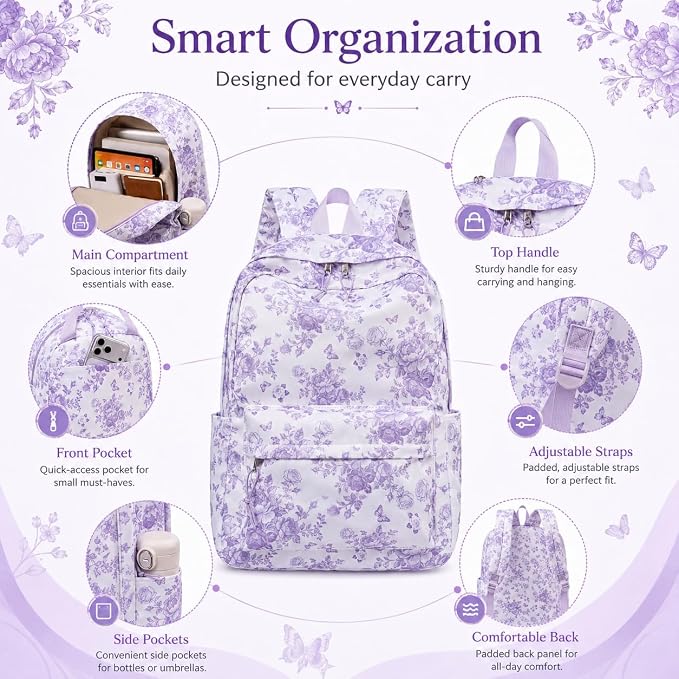 Bluboon Teens Backpack Set Girls School Backpack Lunch Box Pencil Bags Student Bookbags 3 in 1 (Purple Floral 277)