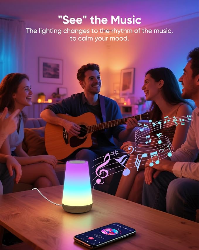 Smart Table Lamp Compatible with Alexa, Dimmable Nursery Night Light with App/Voice Control & Music Sync, RGB Warm Light Bedside Lamp for Kids with Timer, Cable and Adapter Included