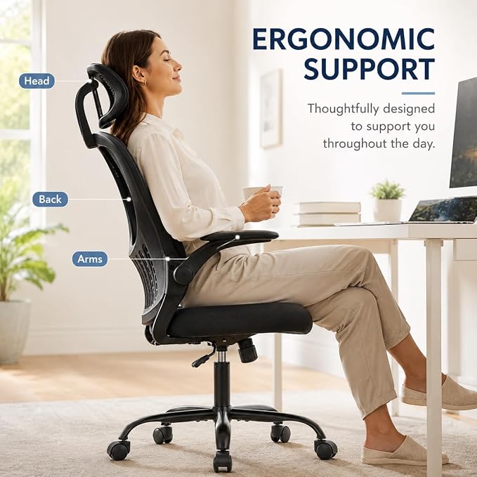 Black Ergonomic Office Chair, High Back Mesh Desk Chair with Adjustable Headrest Lumbar Support, Computer Chairs with Flip-up Armrests and Thickened Cushion for Adults Home Office, 360° Swivel