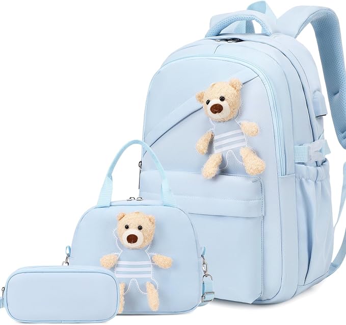 ACESAK School Backpack for Girls - 3 PCS Cute Girls Backpack with Lunch Box & Pencil Case - Kawaii Casual Kids Bookbag School Bag Daypacks Set for Elementary Middle High School Student Teens (Blue)