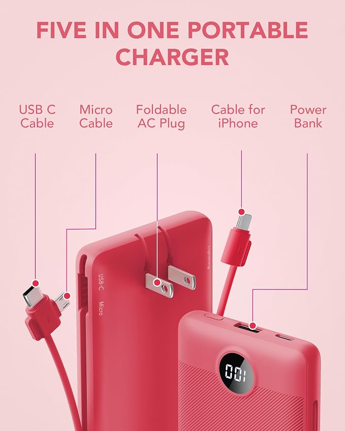 Portable Charger Built-in Cables and AC Wall Plug, VRURC USB C Power Bank 10000mAh, Travel Battery Portable Phone Charger Compact Lightweight External Battery Pack for SmartPhones,Tablets-Viva Magenta