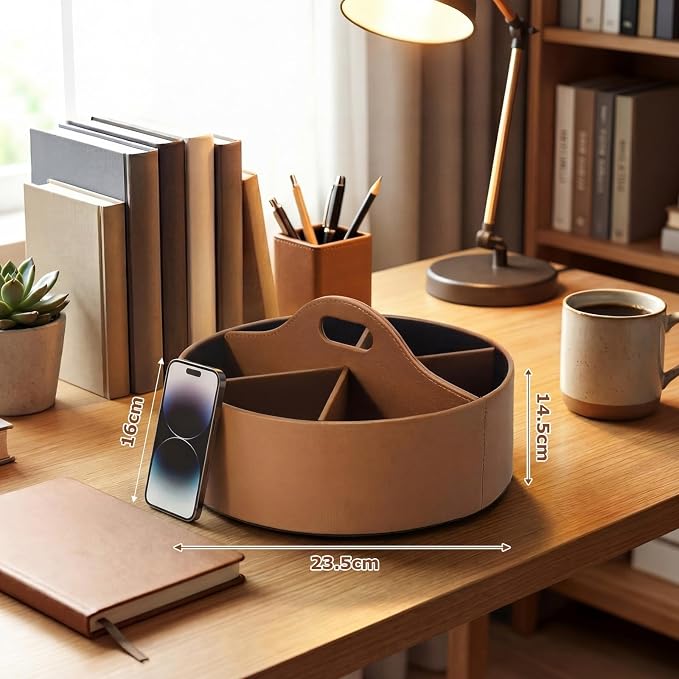 360° Rotating Leather Desk Storage Organizer with 6 Slots and Handle Extra-large Pen Holder Spinning Pencil Storage Lazy Susan Organizer Office Desk Supplies Marker, Art Supply(Brown)