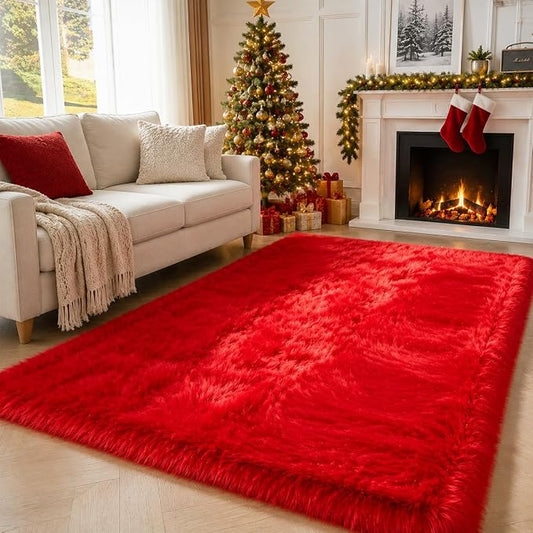 EasyJoy Ultra Soft Faux Fur Rug Fluffy Sheepskin Rug for Bedroom Living Room Sofa Bedside Floor(4 x 6 ft Rectangle, Red)