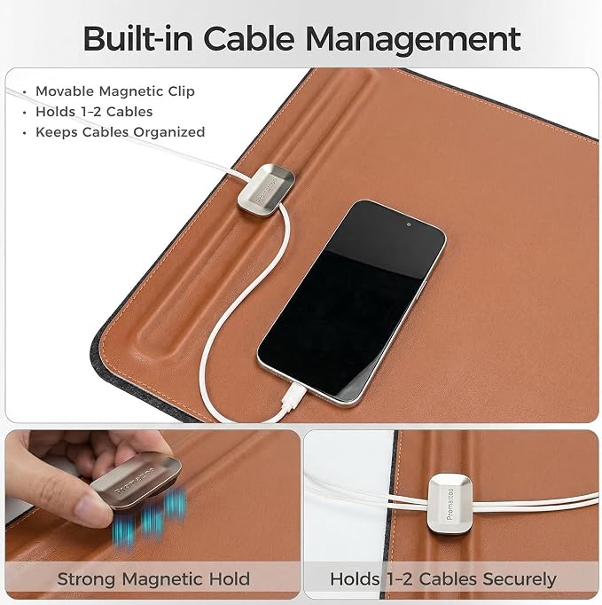 Desk Mat – Double-Sided Vegan Leather & Felt | Built-In Magnetic Cable Organizer & File Storage | Premium Workspace Pad for Office, Gaming & Creative Professionals-（Brown）