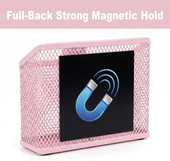 Neudeco Magnetic Pen Holder-Strong Magnet Mesh Storage Basket for Refrigerator, Kitchen, Locker-Magnetic Marker Holder on whiteboard for Dry Erase Markers for school, office, Pack 2 (Pink)