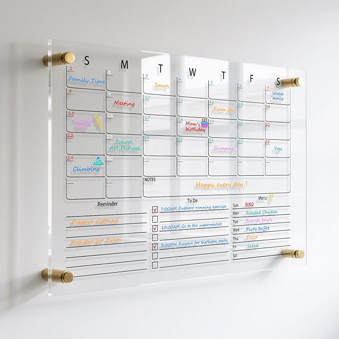 IJIJIJ- 24×16” Clear Acrylic Calendar for Wall, Acrylic Wall Calendar Dry Erase Board, Reusable Monthly Whiteboard, Family Planner for Wall with 8-Color Markers, Perfect for Home, Office & Classroom