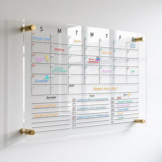 IJIJIJ- 24×16” Clear Acrylic Calendar for Wall, Acrylic Wall Calendar Dry Erase Board, Reusable Monthly Whiteboard, Family Planner for Wall with 8-Color Markers, Perfect for Home, Office & Classroom