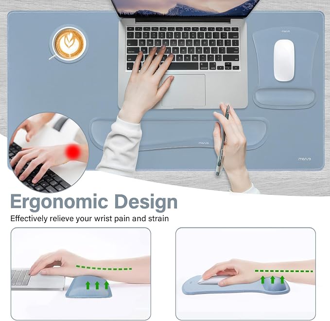 MOSISO Keyboard Mouse Pad Set, Large Gaming Mousepad&Keyboard Wrist Rest&Mouse Wrist Rest&Coaster, Ergonomic Non-Slip Mousepad&Easy Typing Cushion with Memory Foam for Home Office, Baby Blue