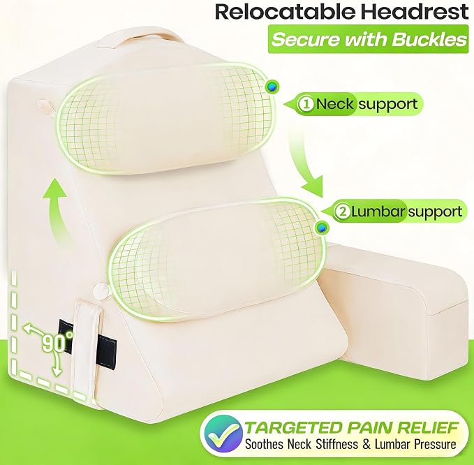 19 INCH Reading Pillow for Adults, Back Pillow for Bed Sitting Up, Backrest Pillow for Sitting in Bed, Detachable Arms with Built-in Cup & Phone Caddy (Beige, 19 INCH)