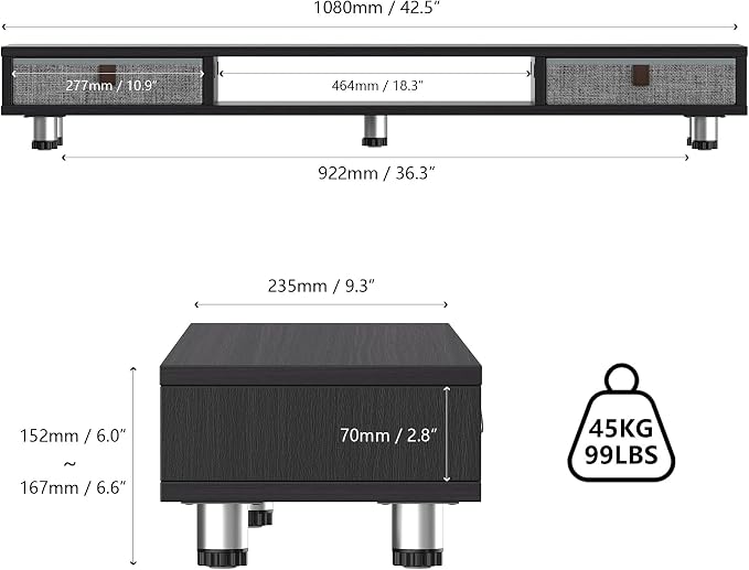Fenge Dual Monitor Stand, 2-Tier Desk Organizer with Drawers, 42.5in, Black | Storage Fabric Drawer, Ergonomic Height Adjustable, Desk Shelf for Top of Desk, Laptop, PC, TV, Home Office Organization