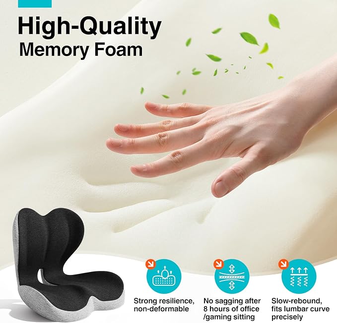 Seat Cushion for Office Chair and Car, L-Shaped Memory Foam Truck Driver Seat Cushion, Ergonomic Sciatica & Tailbone Pain Relief Cushion with Non-Slip Breathable Cover, Back Support for Office Chair