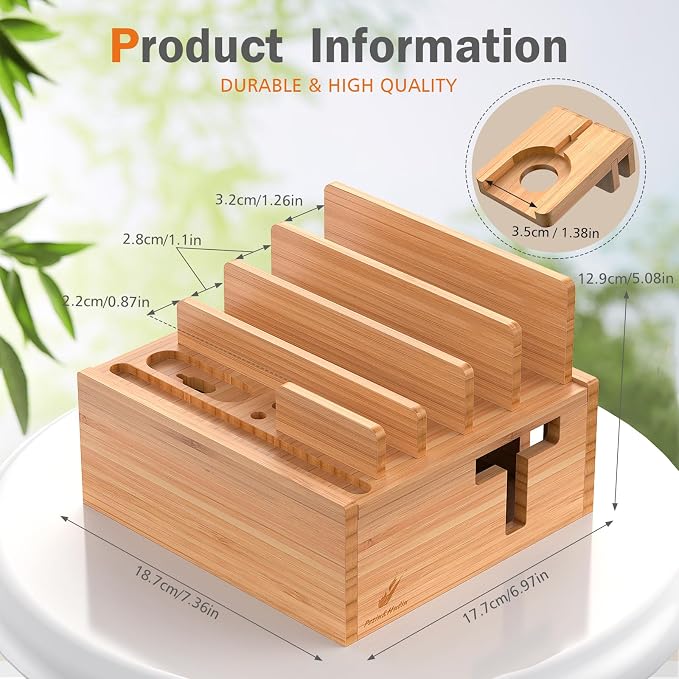 Pezin & Hulin Desktop USB Charging Station with Power Charger & Cables | Bamboo Charging Station for Multiple Devices, Desktop Charger Block, Compatible with Tablet, Cell Phone, Earbuds, Smartwatch