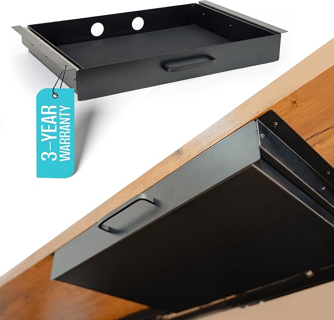 Under Desk Drawer Slide Out Attachment - Carbon Steel Undermount Table Drawer with Cable Management, Pull Out Add-On Storage for Office & Standing Desks (21.5" x 14" x 2.8")