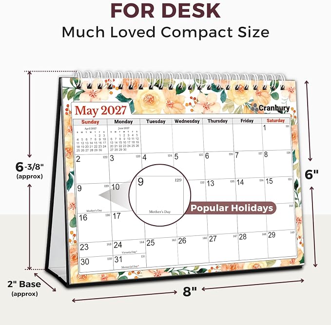 CRANBURY Small Desk Calendar 2026-2027 Standing Flip, July 2026 to Dec 2027, 8x6 Desktop Calendar with Stickers, 18 Months Desk Planner for School & Office, Spiral Bound, Floral Design