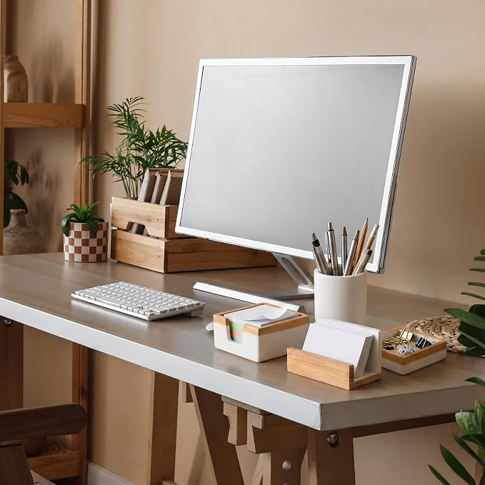 Set of 4 Modern Aesthetic Desk Accessories Organizer Set Minimalist Neutral Home Office Decor Desk Supplies for Men-Pen, Business Card Holder, Sticky Note, Paper Clip Holder(White)