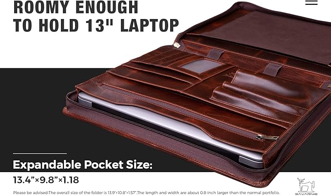 Genuine Leather Professioal Business Portfolio Padfolio Folder with Zipper for Men and Women,Work Portfolio for Letter Size Notepad, for Meeting and Travel, Oil Wax