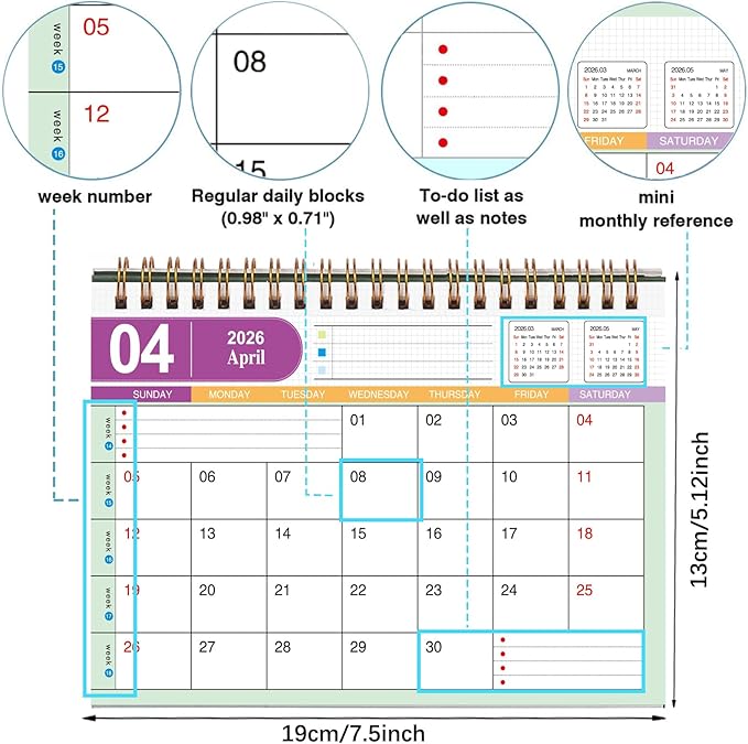 Small Desk Calendar 2026, Desktop Calendar from Now to Dec 2026, Metal Ring Twin-Wire Binding Monthly Desktop Calendar for Home Office School (White)