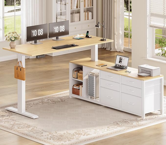 SEDETA L Shaped Electric Standing Desk, 55" x 55" Height Adjustable Office Executive Desk with 6 Fabric Drawers and Storage Shelves, Sit Stand Computer Desk with Power Outlet