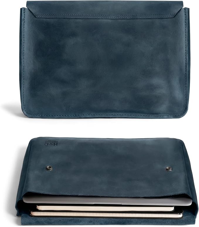 Hide & Drink, Vintage Folder Document Holder, File Case, A5 Binder, Envelope Portfolio, Pencil Pouch, Full Grain Leather, Handmade, Slate Blue
