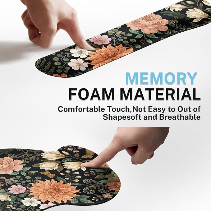 Britimes Spring Flower Leaves Floral Colorful Ergonomic Mouse Pad Set with Wrist Rest Non-Slip Rubber Base Wrist Cushion Support and Coasters Mousepad with Wrist Support for Computer Keyboard and Desk