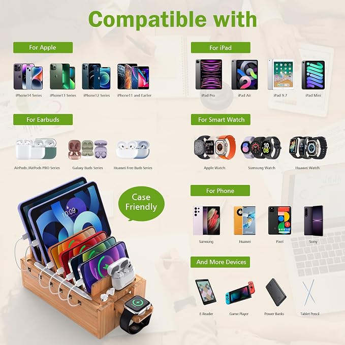 Pezin & Hulin Bamboo Charging Station with 5-Port USB & 5 Cables | All-in-One, 5-Port USB HUB Included, 8-Device Organizer, Natural Bamboo, Hidden Cord Compartment, Magnetic Base, Watch Stand