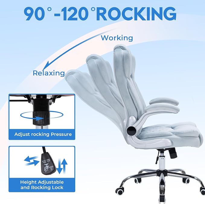 400lbs Executive Office Chair with Flip-Up Armrests, Big and Tall Computer Chair for Heavy People, Heavy Duty Ergonomic Comfy Chair, Breathable Plush Velvet (Blue)