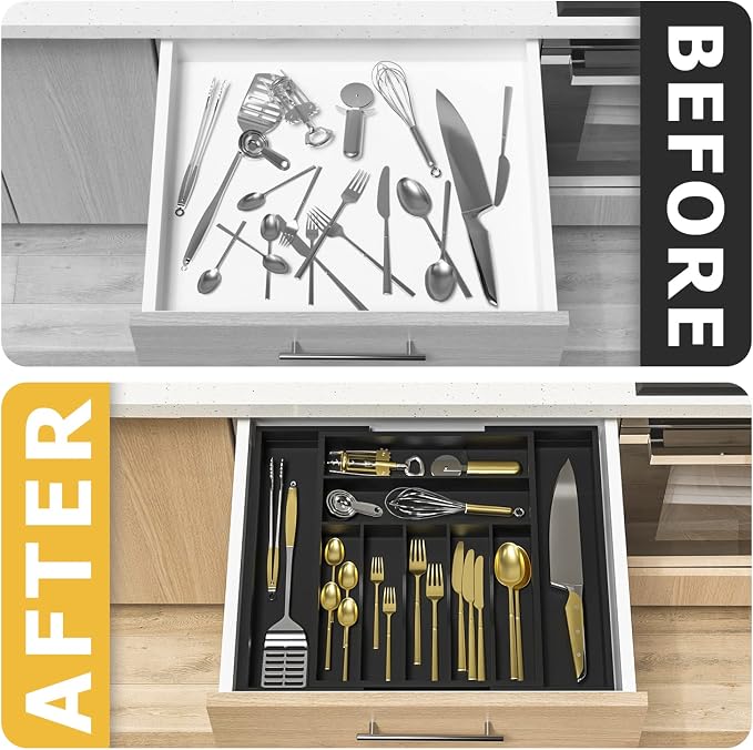 Utensil Organizer Silverware Drawer Organizer - Bamboo Expandable Cutlery Tray with Dividers for Utensil Holder Office Storage Makeup Desk Drawer Tool Organization W13.5"-19.5" x L17.5" x H2.5"(Black) | Expandable