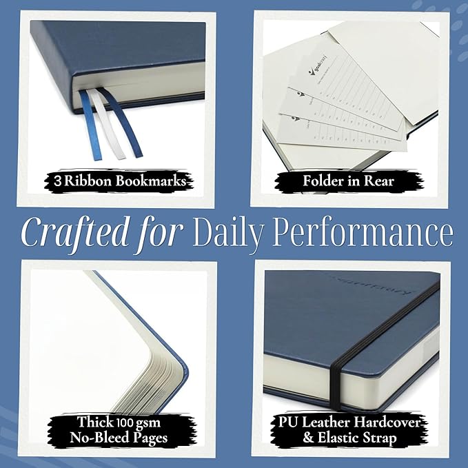 Goal Crazy Undated Daily Planner to Achieve Your Goals - 90 Day Guided Journal & Productivity Organizer with Goal Setting, Habit Tracker, To Do List, Academic & Work Calendar, Leather Hardcover - Navy