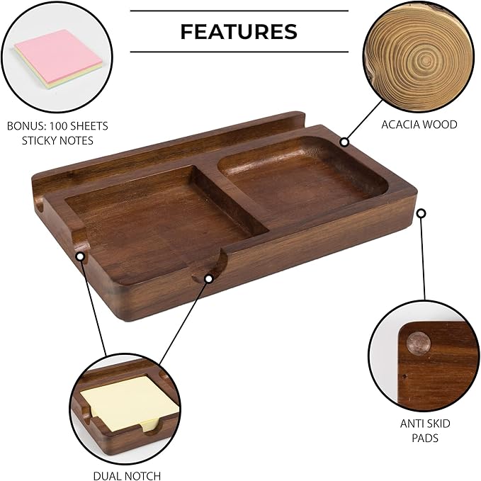 S&A WOODCRAFT Office Desk Organizer with Sticky Note Holder, Pen Slot & Phone Stand - Versatile Brown Acacia Sticky Note Dispenser, Includes 100 3x3 Inch Pages & 4 Anti-Skid Pads.