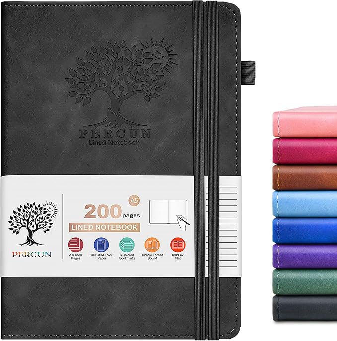 PERCUN Lined Journal Notebook for Men & Women,200 Pages A5 Hardcover Leather Notebook (5.9"x8.5"), Travel Journal for Work, School, Business Writing, Note Taking, Notepad Diary (Black)