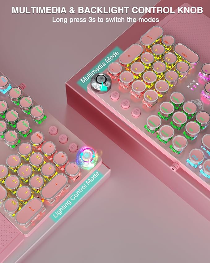 AULA F2088 Typewriter Mechanical Keyboard, Pink Retro Wired Gaming Keyboard with Blue Switches, Rainbow Backlit, Round Keycaps, Media Knob & Removable Wrist Rest